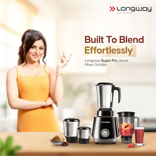 Image of Longway Super Pro Juicer Mixer Grinder | Up to 750W Max Output Powerful Motor | 4 Jars for Grinding, Mixing, Juicing | 2 Years Warranty (Black & Gray)