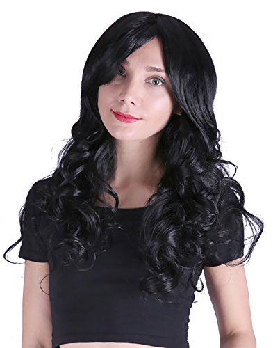 HDE Women's Wig Long Curly Wavy Hair (24 Inches Total Length) with Included Wig Cap Synthetic Halloween Cosplay LARP Costume Accessory Black