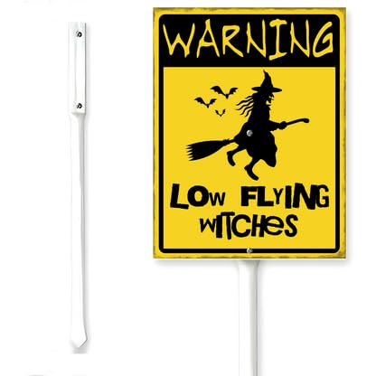 Horienteeon Halloween Yard Sign With Stake Warning Low Flying Witches Scary Ghost Neighborhood Farm Lawn Prop Walkway Porch Decorations,Street Business Outdoor Aluminium Décor 6x4.6"