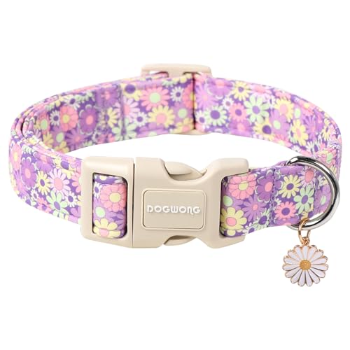 DOGWONG Hundehalsband, Hunde Halsband für Kleine Mittlere und Große Hundes, Komfort Gemustertes Hundehalsbänder Verstellbares, Lila Blume M