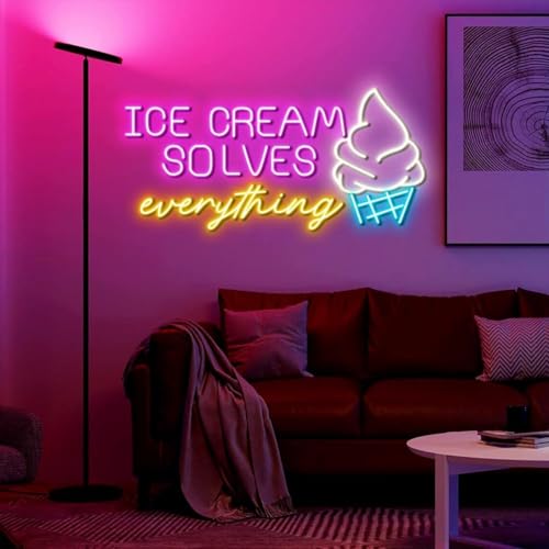 XIMAQIS Ice Cream Solves Everything LED Neon Sign - Customizable Sweet Treat Wall Art for Home Kitchen, Coffee Shop & Dessert Bar Decor - 30 Inch Dimmable Ice Cream Light Signs