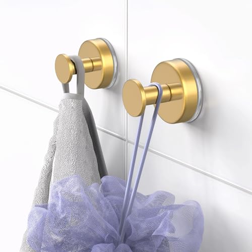 Image of HUFEEOH Suction Cup Hooks for Shower, Suction Hooks Wall Hanger for Hanging, Removable Towel Holder for Bathroom, Kitchen, Glass Door, Mirror, Tile (2 Pack O Shape - Gold)
