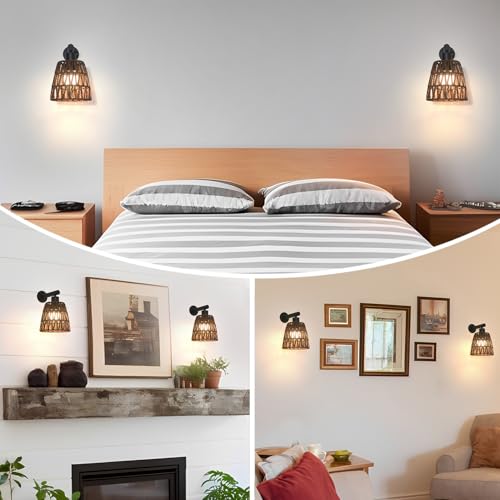 Image of Boho Battery Operated Wall Sconce Set of 2, Brown Rattan Rechargeable Wall Lights with Dimmable Bulbs and Remote,15 Colors Wireless Wall Lamps for Bedroom Living Room Hallway Decor