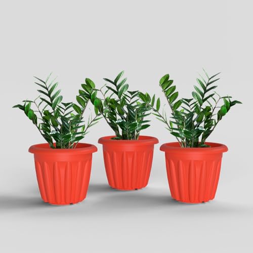 Image of YUCCABE ITALIA SHERA Floot 10 Inch Plastic Flower Pot 3 Piece Set of Round Shape Planter for Home Garden Seedling Planter for pots (Red)