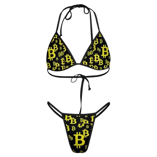 Womens 2PCS Spaghetti Strap Halter Bikini Set Bitcoin Sign Icons String Triangle Bottom Swimsuit3