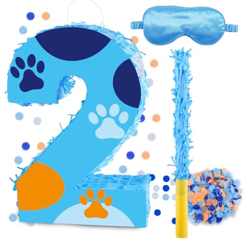 16 Inch Number 2 Dog Paw Pinata with 16 Inch Piata Stick Blindfold Confetti for Boy Girl Kids 2nd Birthday Party Decorations (2nd)