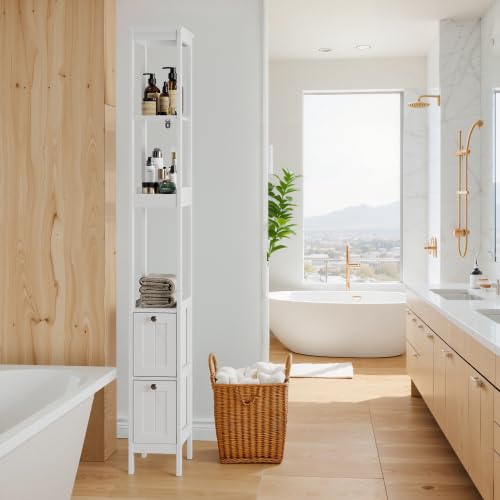 vutizal Armoire de salle de bain étroite 160 cm | Autonome, 2 tiroirs et 3 étagères, ultra étroite 20 x 30 cm, tour à linge en bois, blanche, pour petites salles de bains