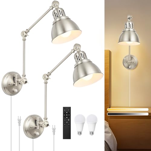 Image of 2 Pack Plug in Wall Sconces with Remote, Dimmable, Adjustable Colors, Swing Arm Wall Lamps, Wall Sconces Set of Two with Timer & Night Light, Plug-in or Hardwired (Brushed Nickel, With Bulbs+Remote)