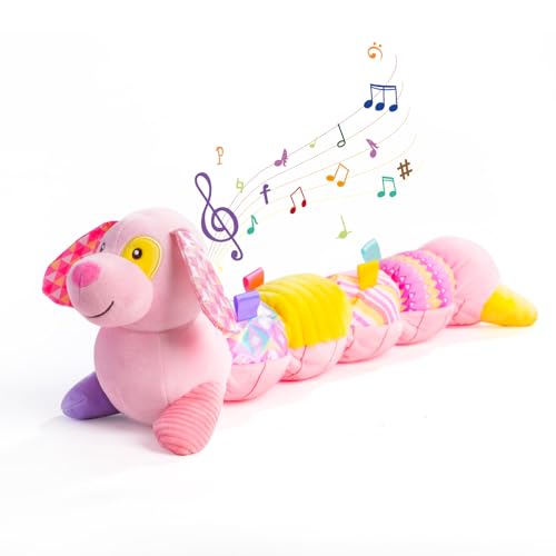 Image of Koty Baby Toys - Pink Puppy Musical Stuffed Animal with Multi-Sensory Crinkle, Rattle and Textures for Tummy Time, 6-12 Months, Baby Boy or Girl Gift (Pink)