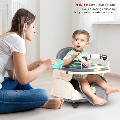 Image of BAYBEE 4 in 1 Convertible High Chair with Adjustable Height and Footrest,Baby Toddler Feeding Booster Seat with Tray,Wheels,Safety Belt and Cushion,for Boys & Girls 6 Months to 3 Yrs (Nora Grey)
