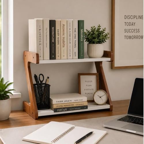 Image of Uteez 2 Tier Desktop Bookshelf Organizer for Study Table & Office Desk | Wooden Countertop Storage Rack for Books, Stationery & Decor | Space Saving Tabletop Shelf Organizer | White & Walnut Finish