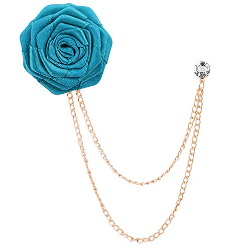 Fashion Bridegroom Wedding Brooches Cloth Art Hand-Made Rose Flower Brooch Lapel Pin Badge Tassel Chain Men's Suit Accessories (Peacock blue)