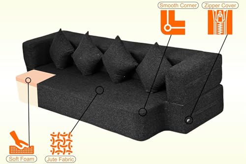 Image of C-Type Sofa Cum Bed 3-Seater Convertible Jute Fabric Sofa with 4 Cushions, Modern Space-Saving Design for Living Room & Guest Room (Black Color)