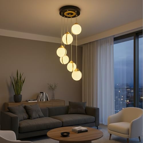 Image of Lamp master Modern 6 Globe Pendant Light | Warm Glow | Gold Finish | Acrylic Unbreakable Ball Chandelier | Premium Hanging Ceiling Light for Living Room, Staircase, Restaurants & Double Height Spaces