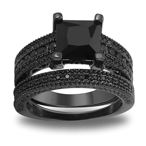 Liza Black Wedding Ring Set for Women by Ginger Lyne | Gothic Cubic Zirconia Simulated Black Diamond Engagement Ring for Her | Half Eternity Wedding Band for Women | Bridal Jewelry for Modern Bride - Main Image