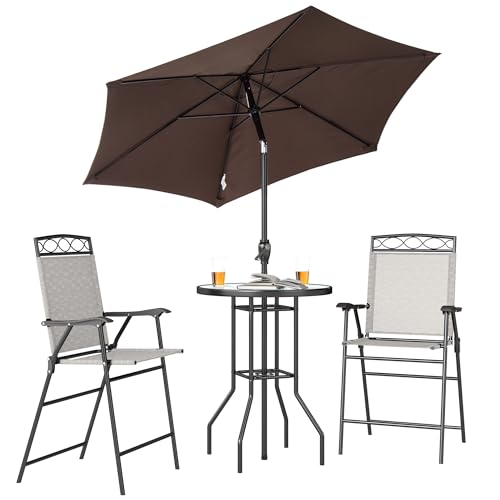 Outsunny 4 Piece Outdoor Patio Dining Furniture Set, 2 Folding Chairs, Adjustable Angle Umbrella, Wave Textured Tempered Glass Dinner Table, Beige