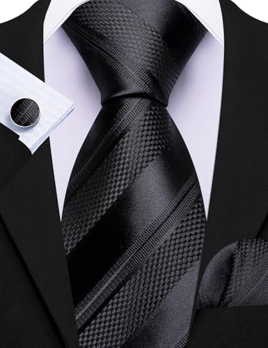 Image of Barry.Wang Tie Sets for Men Silk Stripe Necktie Woven Checkered Handkerchief Cufflinks Formal Business Wedding
