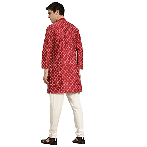 Image of SOJANYA, Men's Silk Blend NavyBlue Kurta with Multi Color Embroidery and Off-White Pyjama
