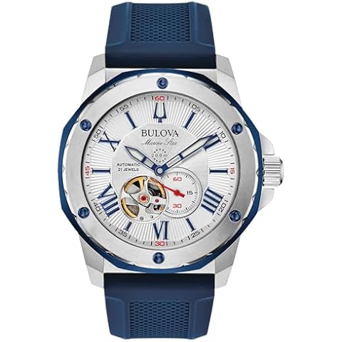 Bulova Men's Marine Star 'Series A' Automatic Stainless Steel Case with Blue Textured Silicone Strap, Open Aperture, Silver White Dial Model: 98A225 Cover