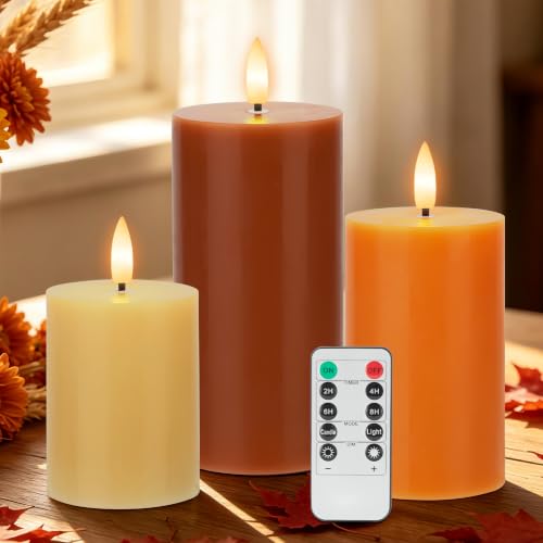 Image of Orange Flameless Candles with Remote, Fall Battery Operated Wax Candles | Flickering Autumn Harvest Pillar Candles, Decorative LED Candles for Fall, Thanksgiving, Halloween Home Party Decor, 3 Pack