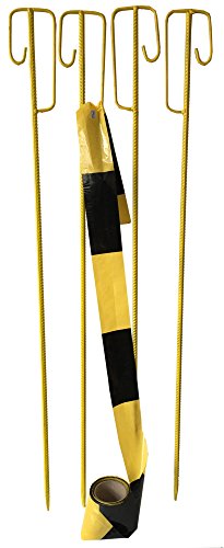 UvV Absperrleinenhalter Stahl Set Laterneneisen 1200 mm lang Ø14 mm mit UVV-Bügel und 1 Rolle (100m) Warnband/Absperrband (Gelbe Absperrung 4 Stück Set)