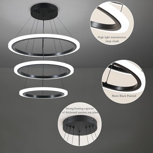 Image of Manraj Modern LED Chandelier, Acrylic 3-Ring Design, Ring Flush Mount Chandelier with Adjustable Hanging Cord Pendant Light Fixture, for Dining Living Room Bedroom (Black)