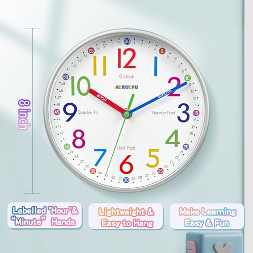 AIRUIFU Kids Wall Clock,Silent Non-Ticking Clocks Battery Operated,Kids Room Wall Decor for Bedrooms,Analog Clock for Bedroom,Living Room,Kitchen,Office,School Classroom (8 inch)