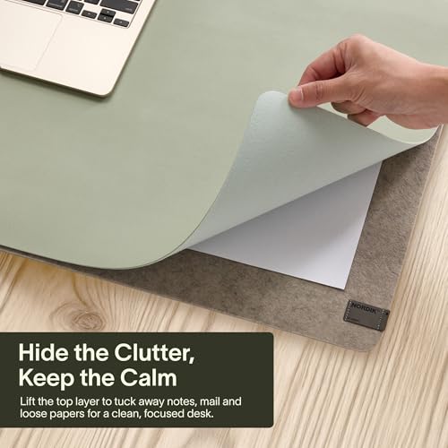 Image of Nordik Felt and Leather Desk Mat - Dual Layer Willow Haze Sage 35 x 17 in | Dual-Layered Mat Leather Desk Pad with Document Organizer - Full Desktop Mat - Large Non-slip and Waterproof Desk Blotter