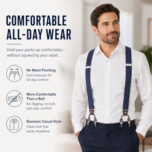 Image of Men's Heavy Duty Y-Back Suspenders, 6 Strong Metal Clips Adjustable Elastic Straps for Work, Tuxedos, and Daily Wear
