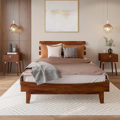 Image of Arman HANDICRAFTS Caden 15 inch Solid Acacia Wood Bed Frame with Adjustable Headboard, Mid Century Style, No Box Spring Needed, Full Size, Dark Chocolate