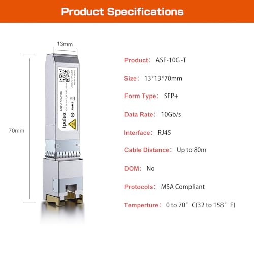 Image of ipolex 10G SFP+ RJ45 Copper Transceiver, 10GBase-T RJ-45 SFP+ Module, up to 80 Meters for Cisco, Ubiquiti UniFi, Mikrotik, Fortinet, Netgear, D-Link, Supermicro, TP-Link (CAT.6a /CAT7), 2 Pack