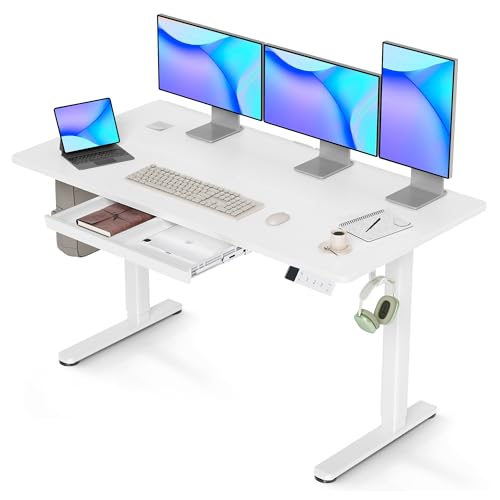 Claiks Höhenverstellbarer Schreibtisch 140x60cm mit Schublade, 80kg Tragkraft Elektrisch Schreibtisch Höhenverstellbar mit 3-Funktions-Memory und 2 Kopfhörerhaken, Standing Desk with Drawer, Weiß