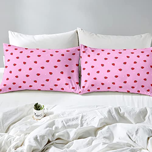 Loussiesd Kids Strawberry Bed Sheets Cute Bed Sheet Set for Boys Girls Tropical Fruit Lightweight Bedding Set Bright Pink Lovely Little Art Fitted Sheet Bedroom 2Pcs Single Size - Image 4