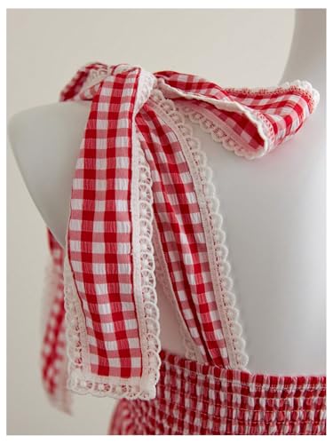 Milumia Women's Y2k Plaid Lace Trim Peplum Tank Top Square Neck Sleeveless Bow Tie Shoulder Tops4