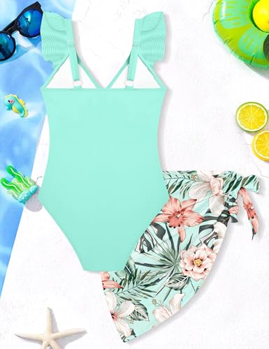Image of Girls One Piece Swimsuit Cut Out Ruffle Bathing Suit Twist V Neck Swimwear Solid Color with Cover Up Skirt 9-16T