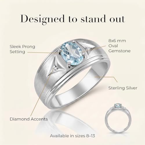 Image of Rylos Men's Rings Classic Design 8X6MM Oval Gemstone & Sparkling Diamond Ring - Color Stone Birthstone Rings for Men, Sterling Silver Rings in Sizes 8-13. Elevate Your Style with Timeless Elegance!