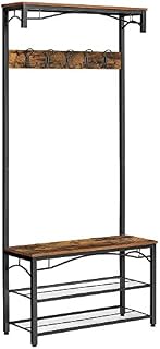 VASAGLE Coat Rack Stand, Industrial Coat Tree, Hallway Shoe Rack and Bench with Shelves, Hall Tree with Hooks, Matte Metal Frame, 80 x 32 x 178.5 cm (L x W x H) HSR45BX