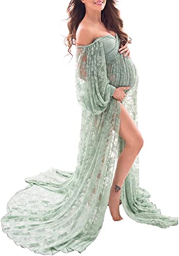 Saslax Lace Off Shoulder Doubly Split A-line Skirt Maternity Dress Soft Stretchy Pregnancy Prop Maxi Gown for Photoshoot Sage Large