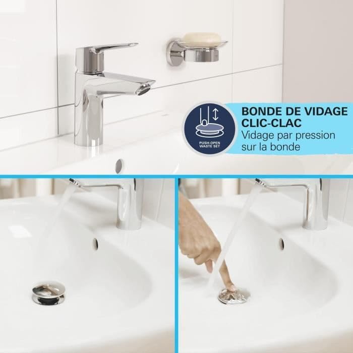 GROHE Swift QuickFix – bateria umywalkowa z zestawem odpływów wciskanych i blokadą zabezpieczającą przed dziećmi (rozmiar M 185 mm, wkład ceramiczny 28 mm, oszczędność wody, ogon, 3/20.3 cm, łatwy