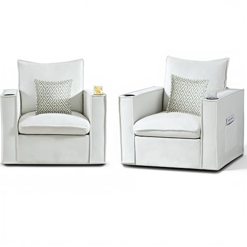 Image of 32 inch Wide Swivel Accent Chair Set of 2 with Cup Holders, White | Comfy Armchair, Side Pockets, Modern Chenille Sofa Couch, Living Room, Bedroom, Corner