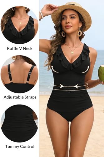Image of Yonique Womens Two Piece Swimsuits - Ruffle Flounce Tankini Tummy Control Bathing Suits V Neck Swimwear