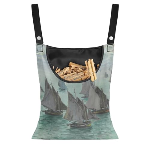 Monet Oil Painting Outdoor Clothespin Bag - Industrial Strength Windproof Storage Organizer - Heavy Duty Polyester Construction with Oversized Capacity Sailboats at Sainte - Adresse