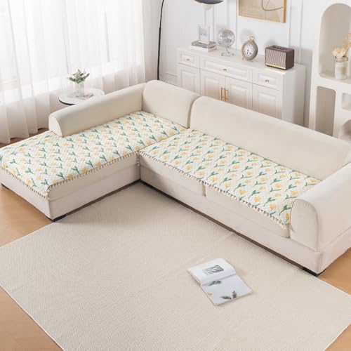 Image of HOKIPO Tulip Blossom L Shape (2+2 Seater) Sofa Seat Mat with Tassel| Quilted Sofa Cover Mat, 'Tassel Twigs' Series (IN-983-T4 + IN-984-T4)
