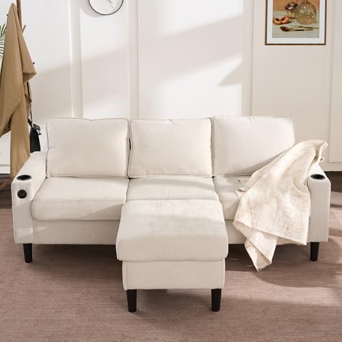 Arhatreya 3 Sitzer Sofa Gästesofa Modern Couch mit USB- und Typ-C-Anschlüssen, 3er Sitzsofa mit Zwei Getränkehaltern, L-förmiges Schlafsofa für Wohnzimmer, Schlafzimmer, Wohnung, Beige – Bild 6