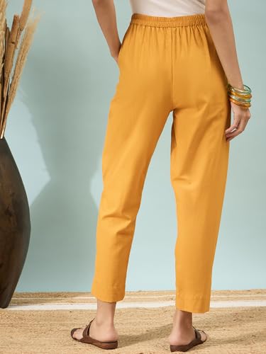 Image of D K W Women's Mid Rise Relaxed Fit Cotton Flex Trousers with Elastic Back & Drawstring - Ideal for Winter, Formal, Office & Casual Wear, Comfortable for Girls and Women