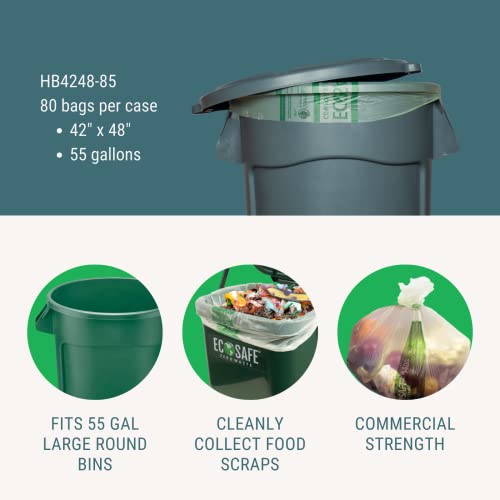 Image of EcoSafe-6400 HB4248-85 Certified Compostable Bag - 42x48 inch Green Bags for 55 Gallon Bin - Extra Strong Leak, Puncture and Tear Resistant Food Scraps Bin Liners, Pack of 80