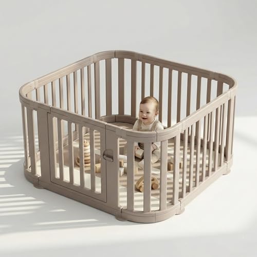 Venture All Stars Baby Playpen - Large Plastic Playpen for Baby and Toddlers with Free Mat Sturdy Lockable Door Push-Fit Assembly Rounded Edges Indoor & Outdoor Play Pen - Beige