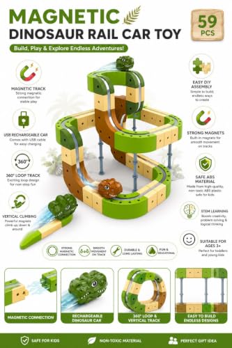 Image of TOYSTODAY Magnetic Building Block Track Car Set for Kids 3+ | DIY Construction Race Track Toy with Magnetic Blocks & Track Cars | STEM Learning Educational Toy Gift for Boys & Girls (Dino 59 PCS)