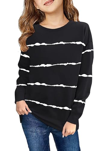 Haloumoning Sweatshirt Mädchen Streifen Rundhalsausschnitt Kinder Pullover Casual Langarm Tops Schwarz 160