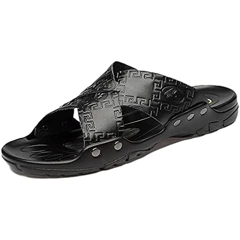 AMDHZ bath slippers Men's Casual Cross Strap Flat Slide Sandals Oversized Leather Sandals Beach Shoes Shoes summer slippers (Color : Black, Size : 48 EU) Cover